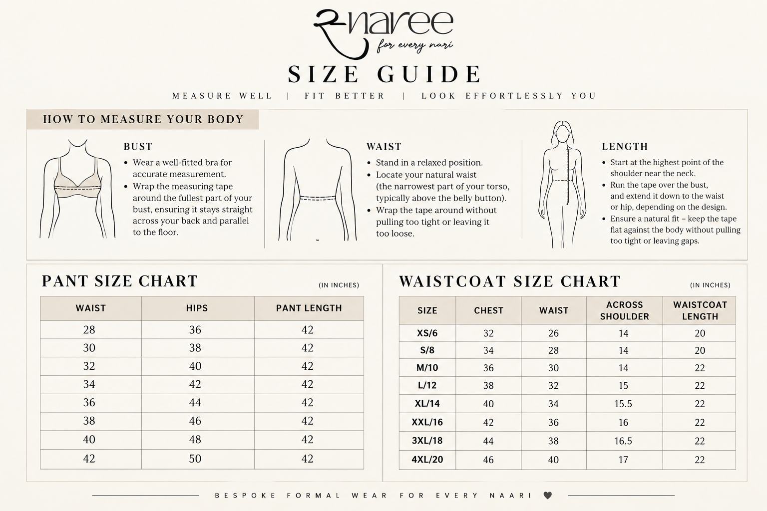 Snaree size guide — waistcoat and pant measurements